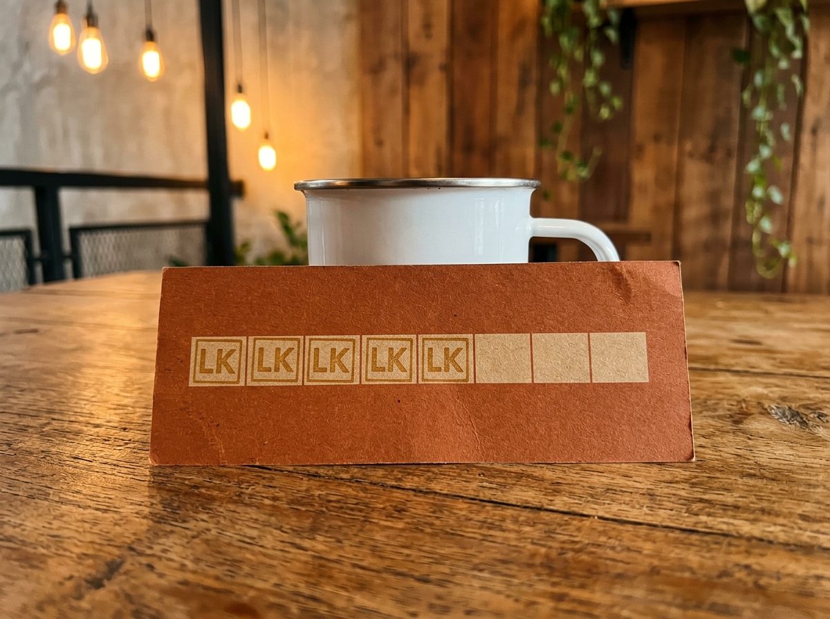 Kartu loyalty kraft terracotta dicap stempel LK, di meja kayu, lampu amber.