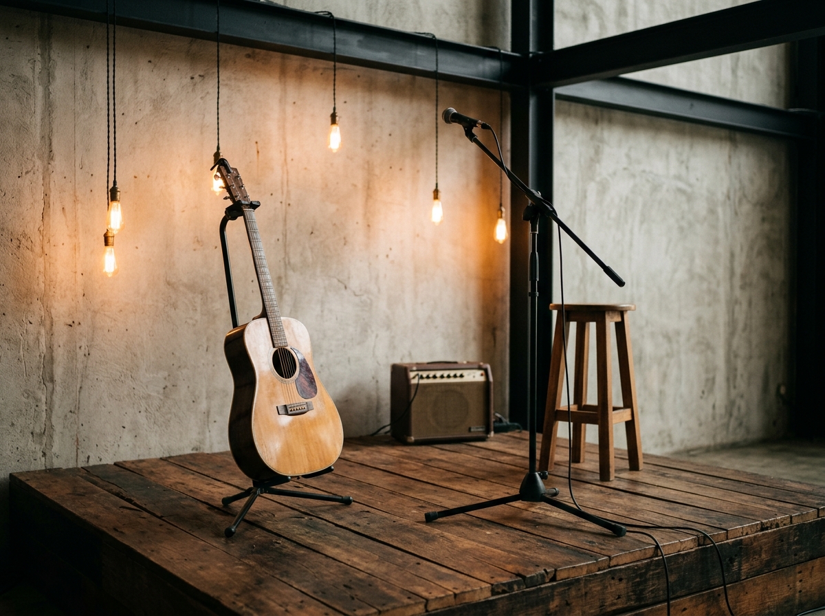 Detail panggung: gitar akustik, mic, ampli kecil di panggung kayu, lampu Edison.