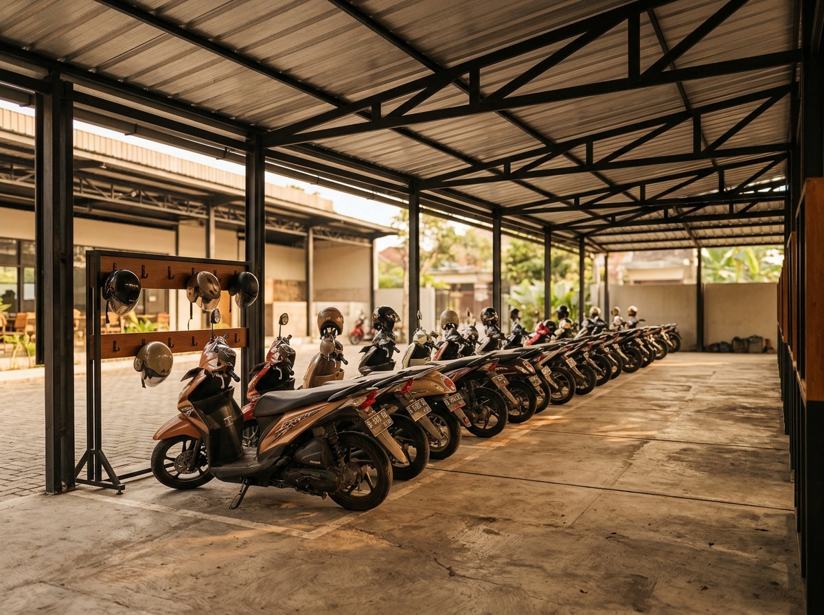 Fasilitas: Parkir motor luas, Berteduh kanopi baja, dijaga, rak helm di dekat pintu.