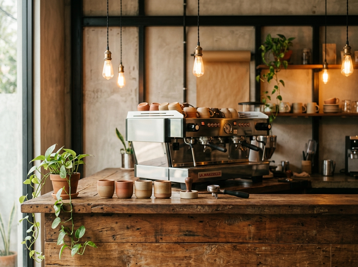 Galeri suasana: Bar kayu bekas, mesin espresso.