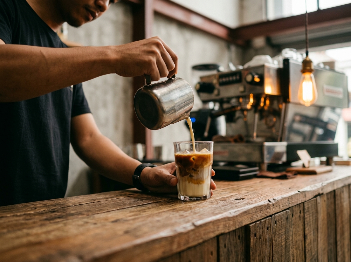 Barista menuang susu ke es kopi susu aren, gelas kaca berlapis, 85mm.