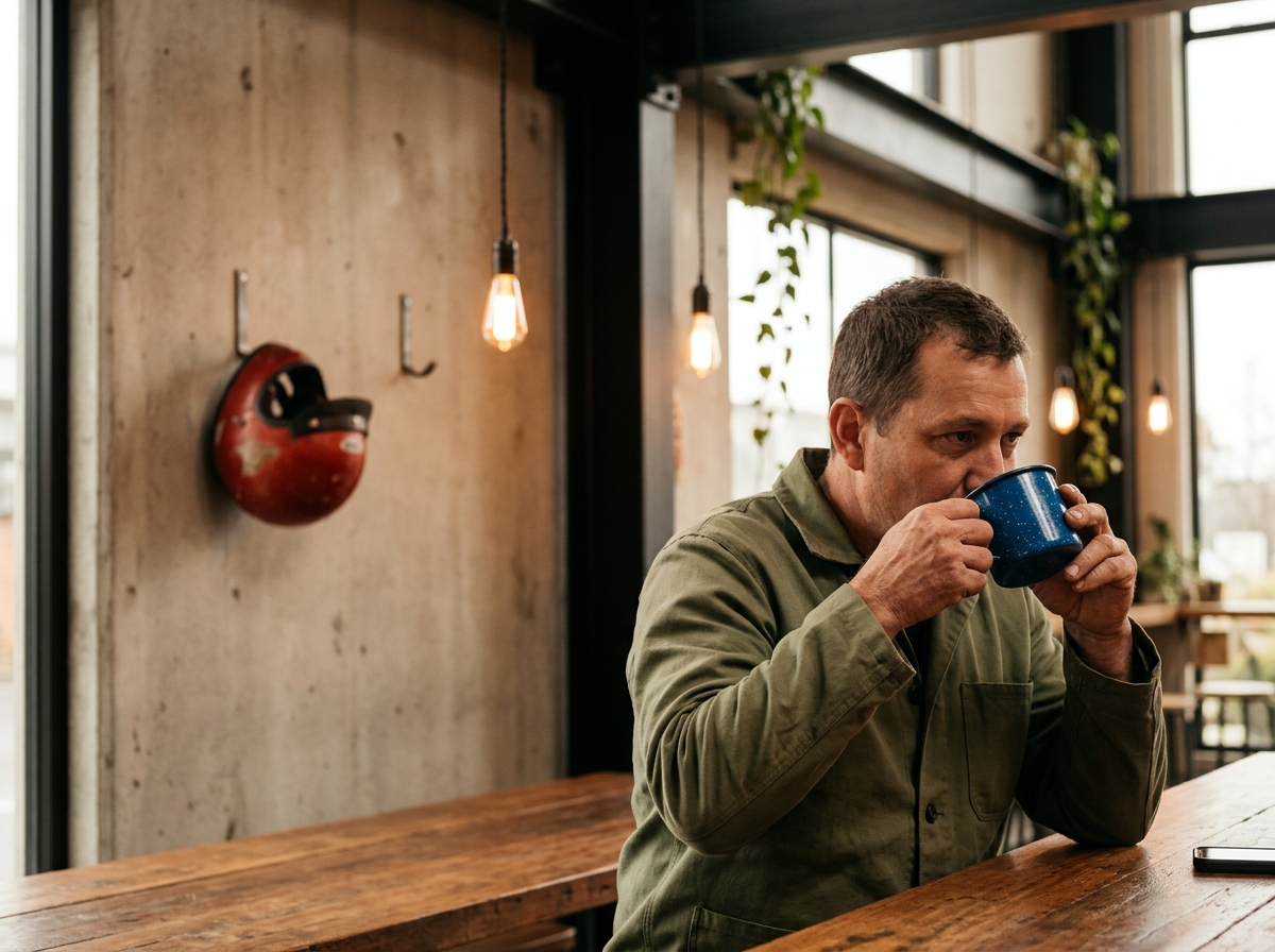 Pekerja berjaket kerja duduk santai dengan enamel mug, helm di gantungan, kandid.