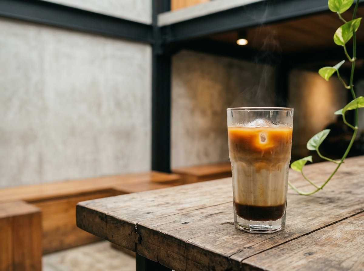 Ubin kategori Kopi Susu Signature, subjek di satu sisi, ruang label di sisi lain.