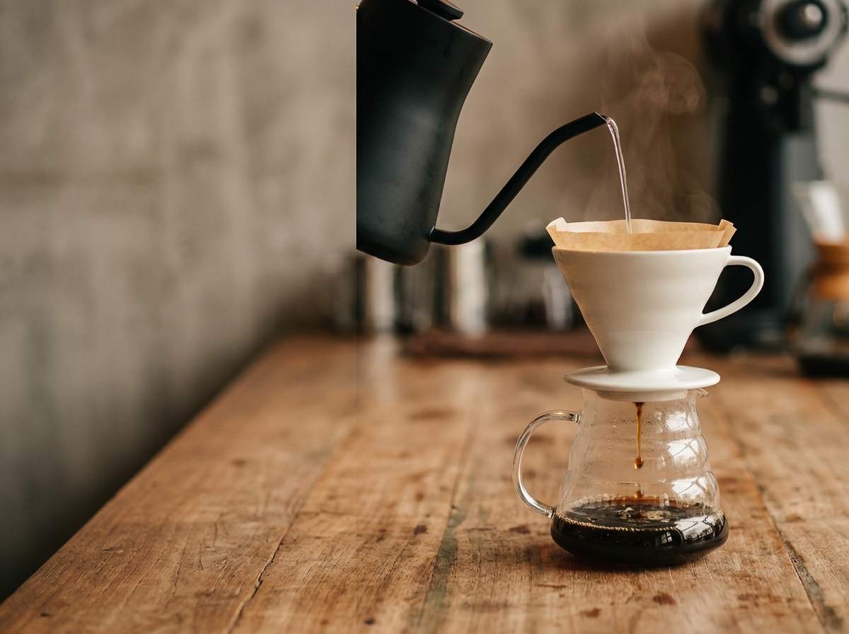 Ubin kategori Manual Brew, subjek di satu sisi, ruang label di sisi lain.