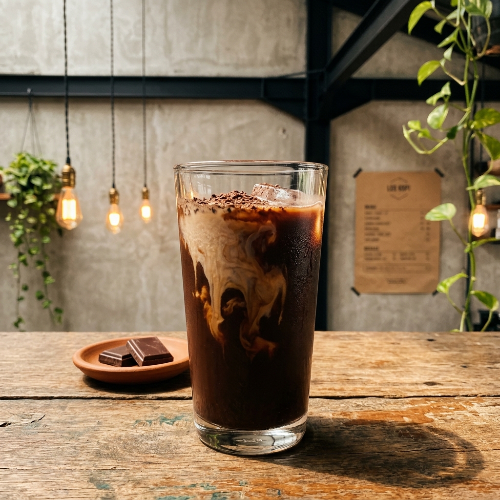 Foto menu Es Cokelat Tua, product-main 85mm, cahaya amber hangat.