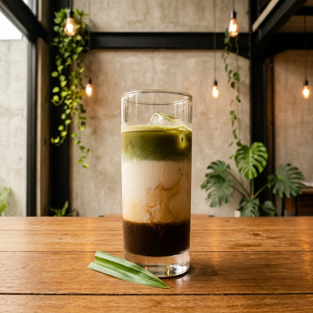 Foto menu Kopi Susu Pandan, product-main 85mm, cahaya amber hangat.