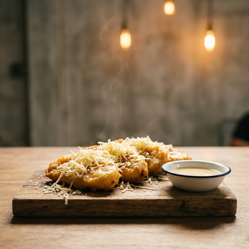 Foto menu Pisang Goreng Keju, product-main 85mm, cahaya amber hangat.