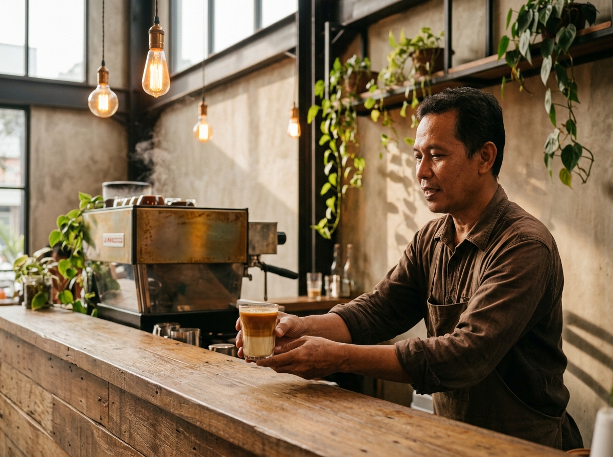 Kang Los di belakang bar kayu, kandid, menuang kopi, cahaya amber hangat.